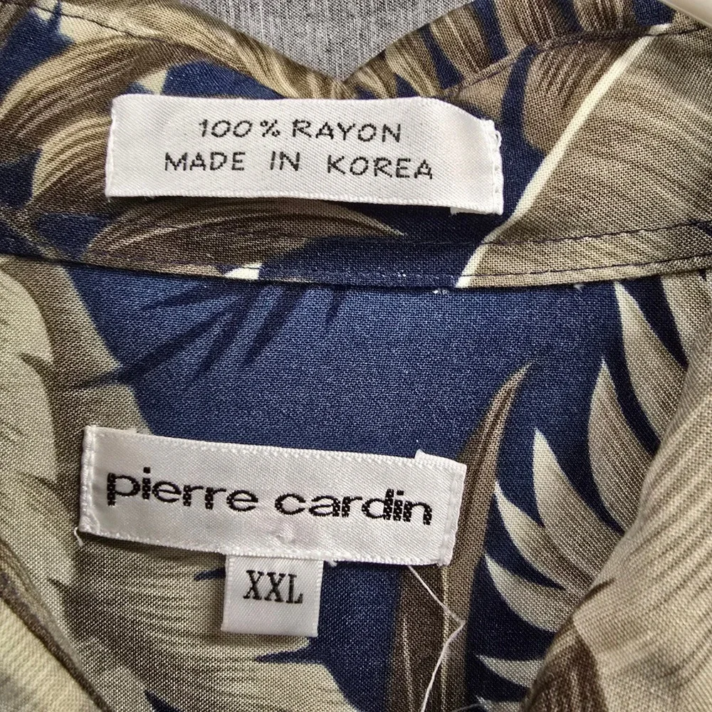 Pierre Cardin Mens XXL Tropical Palm Leaf Rayon Button Down Shirt Navy Blue‎ Tan